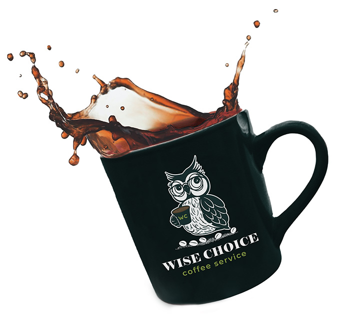 Wise Choice Coffee Service Logo on a cup of coffee